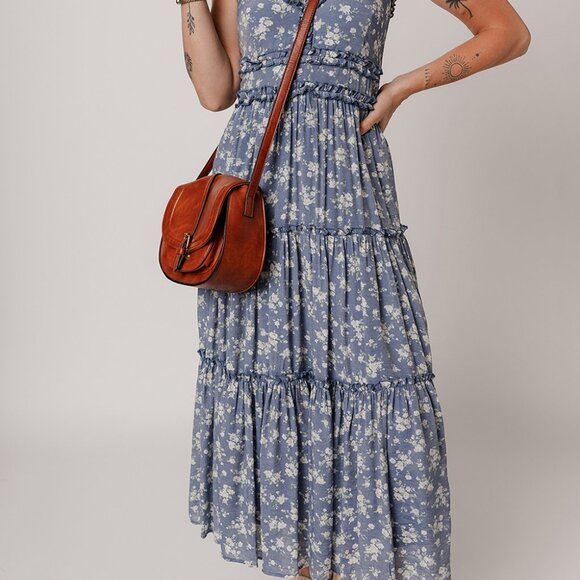 B266 Blue Floral Spaghetti Strap Frilled V Neck Tiered Midi Dress - Picture 6 of 16